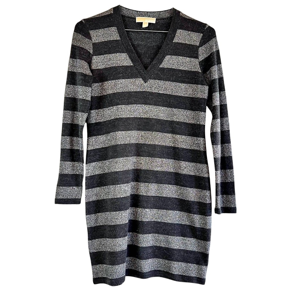 Michael Kors Women's Gray Silver Striped Knit‎ Sweater Dress V-Neck Minimalist M